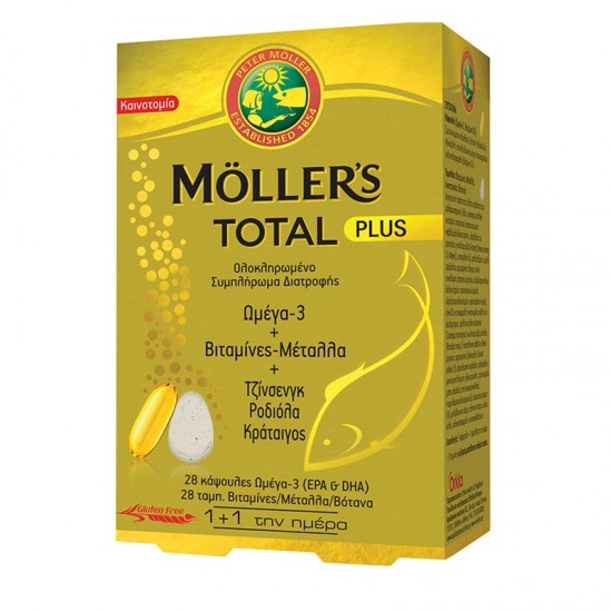 Moller's Total Plus Omega 3 + Vitamins + Minerals + Gingseng + Rhodiola + Hawthorn 28 caps & 28 tabs