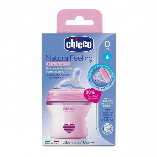 Biberon CHICCO Natural Feeling, plastic, roz , 150ml, t.s. inclinata, 0luni+, flux normal, 0%BPA (80811-11)