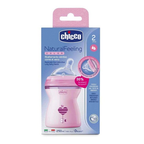 Biberon CHICCO Natural Feeling, roz, 250ml, t.s., 2luni+, 0%BPA (80825-11)