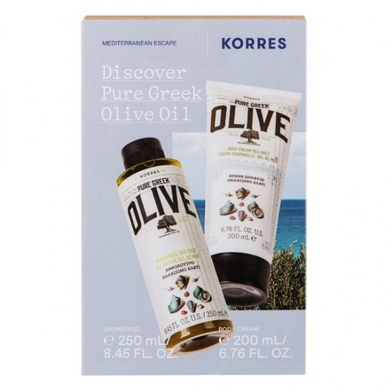 Set Gel de dus si Crema de corp Korres Pure Greek Olive, Sare de mare, 250ml & 200ml