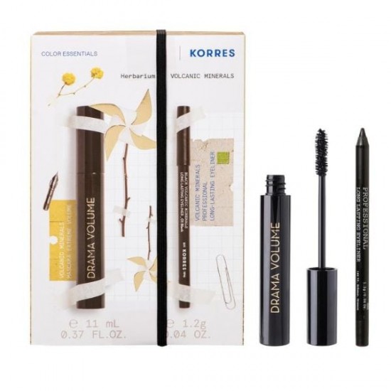 Korres SET Drama Volume No1 Black Mascara Extreme Volume 11ml & Volcanic Minerals Long Lasting Eyeliner No1 Black Pencil 1.2g