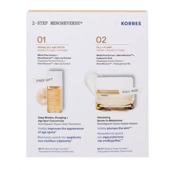 Korres White Pine 2-Step Meno Reverse White Pine Volumizing Serum-in-Moisturizer Day Cream, 40ml & Gift Deep Wrinkle Plumping + Age Spot Facial Serum, 15ml, 1 set