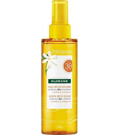 Sunscreen Dry, Klorane Polysianes, with Organic Tamanu & Monoi SPF30 200 ml