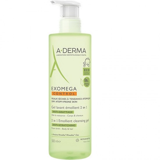 Gel 2 en 1 corps et cheveux Cleansing Gel for Dry Atopic Skin, A-Derma Exomega Control, 500 ml