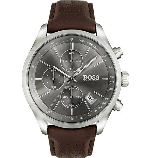 Hugo Boss Grand Prix Men's Watch 44mm Chronograph Battery with Brown Leather Strap 1513476