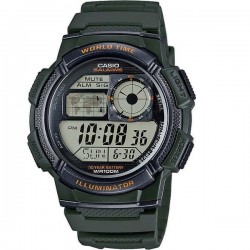 Casio World Time Illuminator Digital Men's Watch 43mm Chronograph Battery with Green Rubber Strap-AE-1000W-3A Casio World Time Illuminator Digital Men's Watch 43mm Chronograph Battery with Green Rubber Strap-AE-1000W-3A