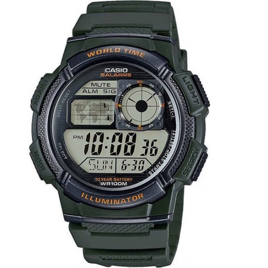 Casio World Time Illuminator Digital Men's Watch 43mm Chronograph Battery with Green Rubber Strap-AE-1000W-3A