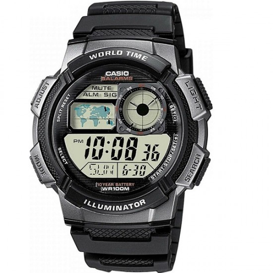 Casio World Time Illuminator Digital Men's Watch 44mm Chronograph Automatic with Black Rubber Strap AE-1000W-1BVEF