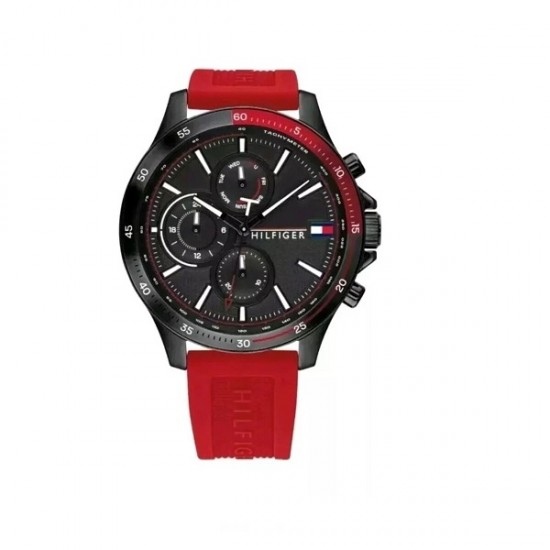 Tommy Hilfiger 1791722 46mm Stainless Steel Black Case with Rubber Red Strap